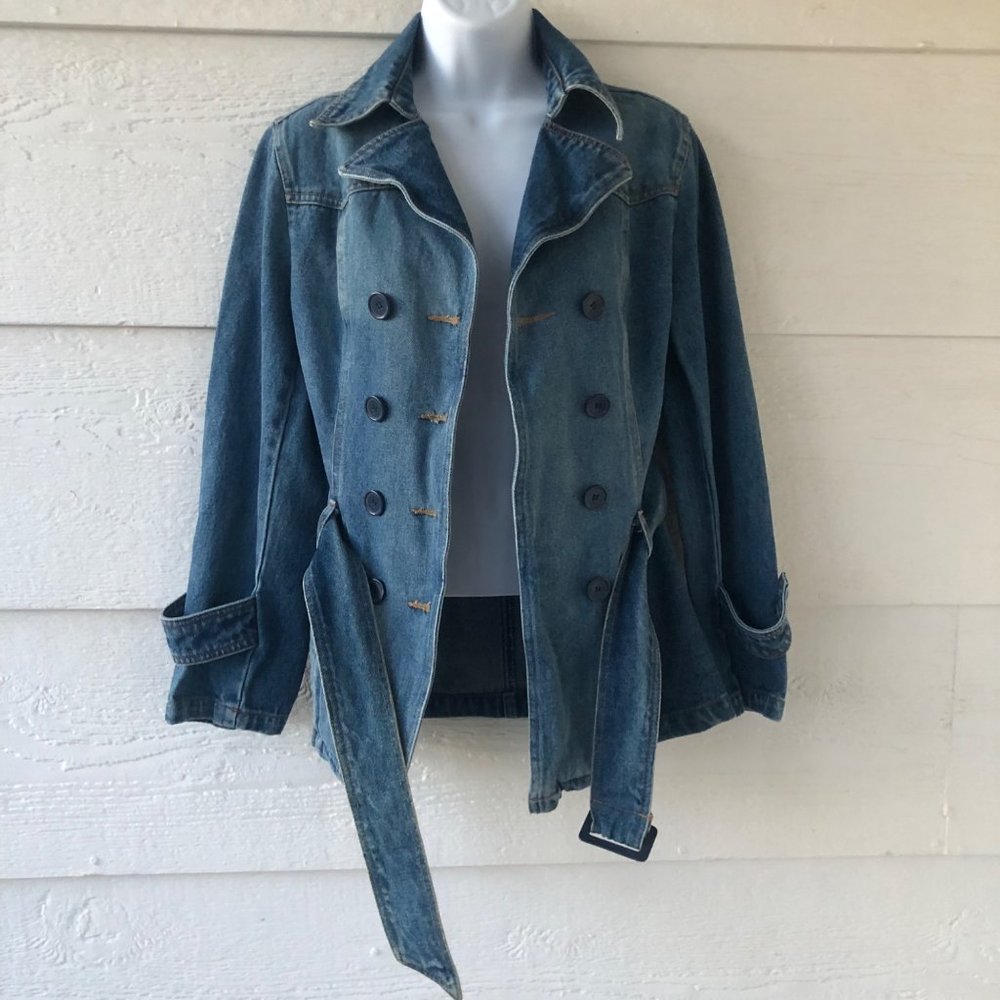 Rampage Size Med Vintage Double Breasted Belted Blue Denim Jacket with Pockets